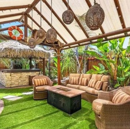 tropical themed backyard